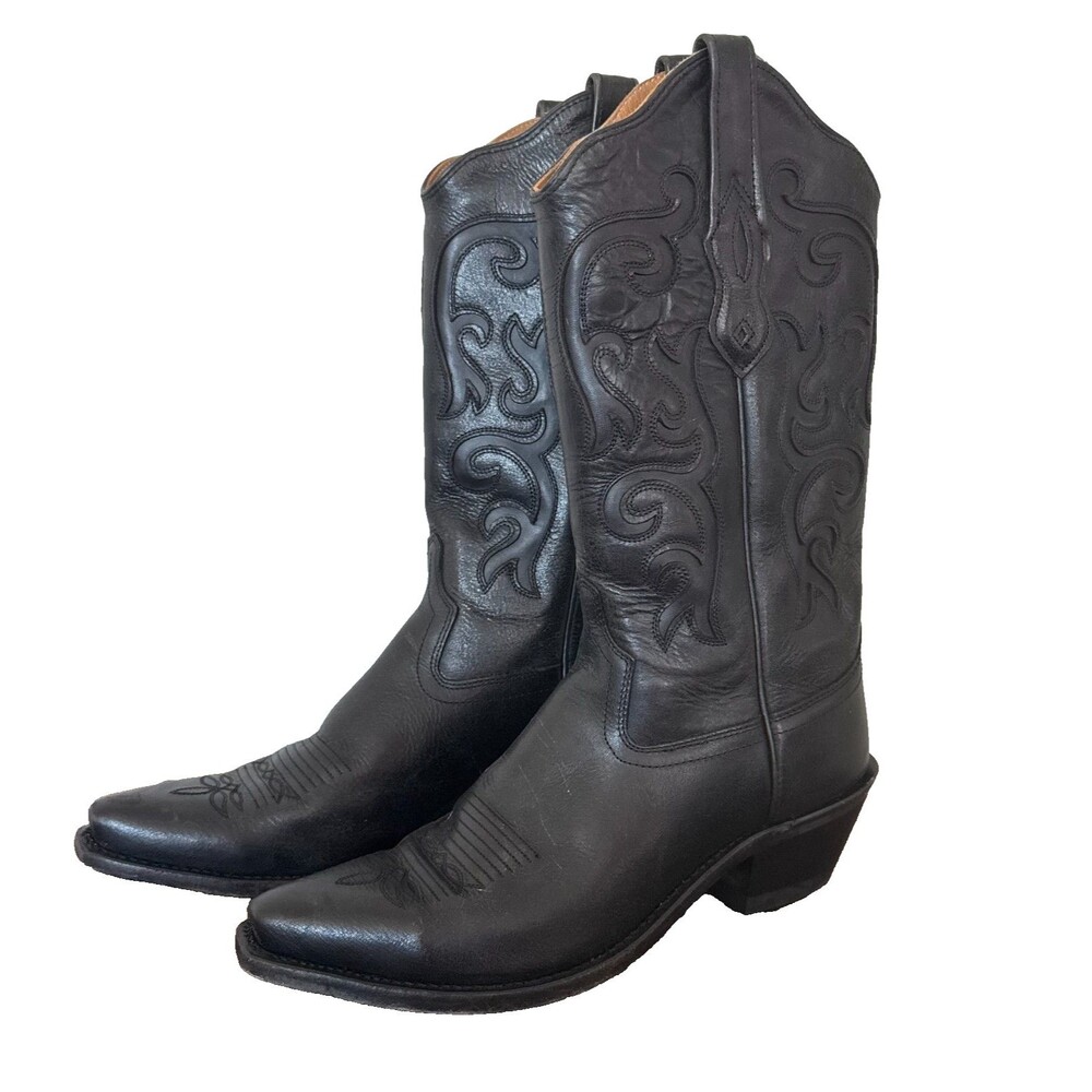 Old West Black Leather Cowboy Boots Womens 8B Western Riding Snip Toe Tall